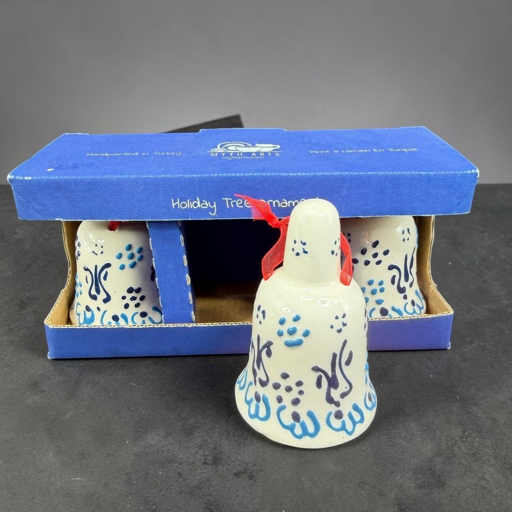 Myth Arts Ceramic Bell Ornaments Set 3 Handpainted Turkey Blue White Holiday NEW